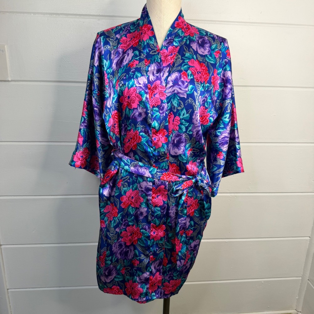 VTG Jo Intimates Floral Satin Robe & Nightgown Set Blue Purple Loungewear 2pc